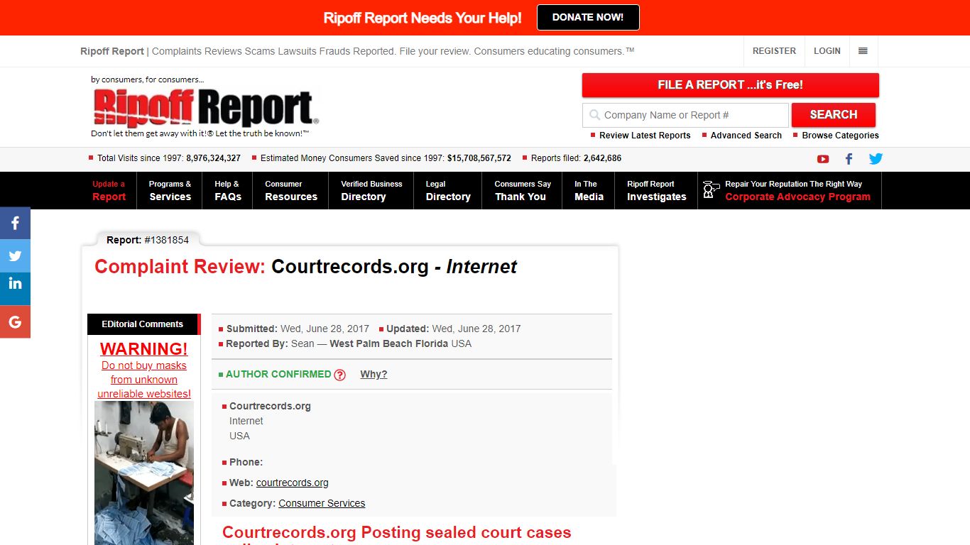 Ripoff Report | Courtrecords.org Review - Internet - Courtrecordsorg